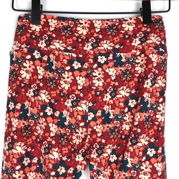 LULAROE Leggings OS One Size Floral Flowers Retro Burgundy Teal White Orange - Picture 5 of 9
